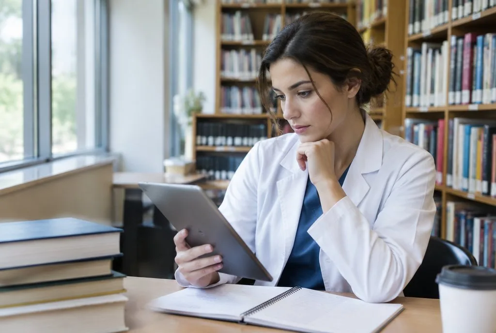 Isid Journal researcher reading a medical journal on a tablet in a library