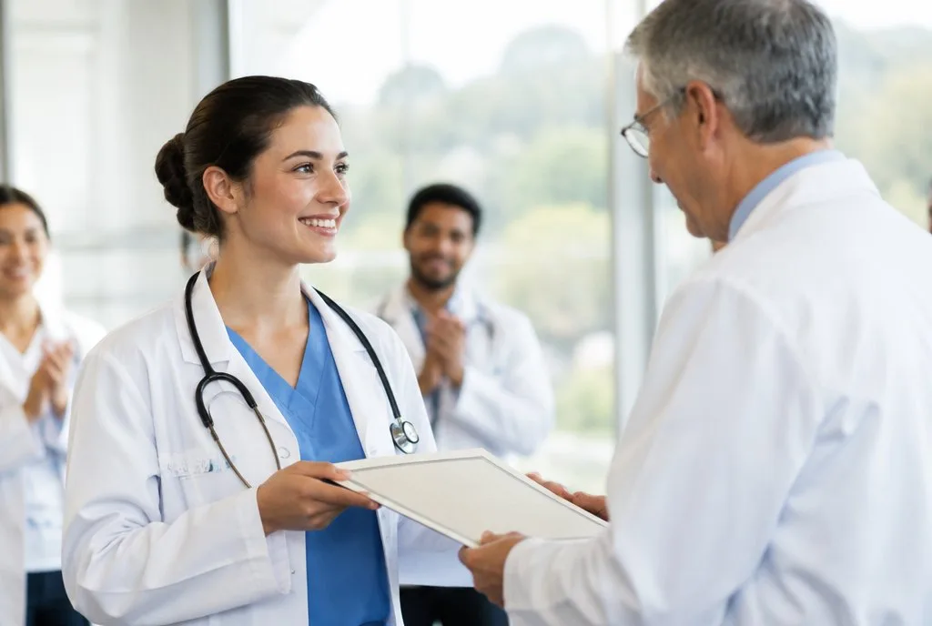 young physician receiving a certificate from a senior colleague at a ceremony