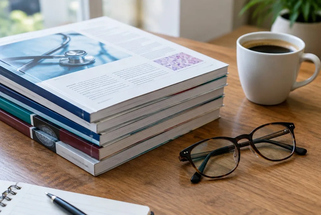 stack of printed dermatology journals and reading glasses on a desk
