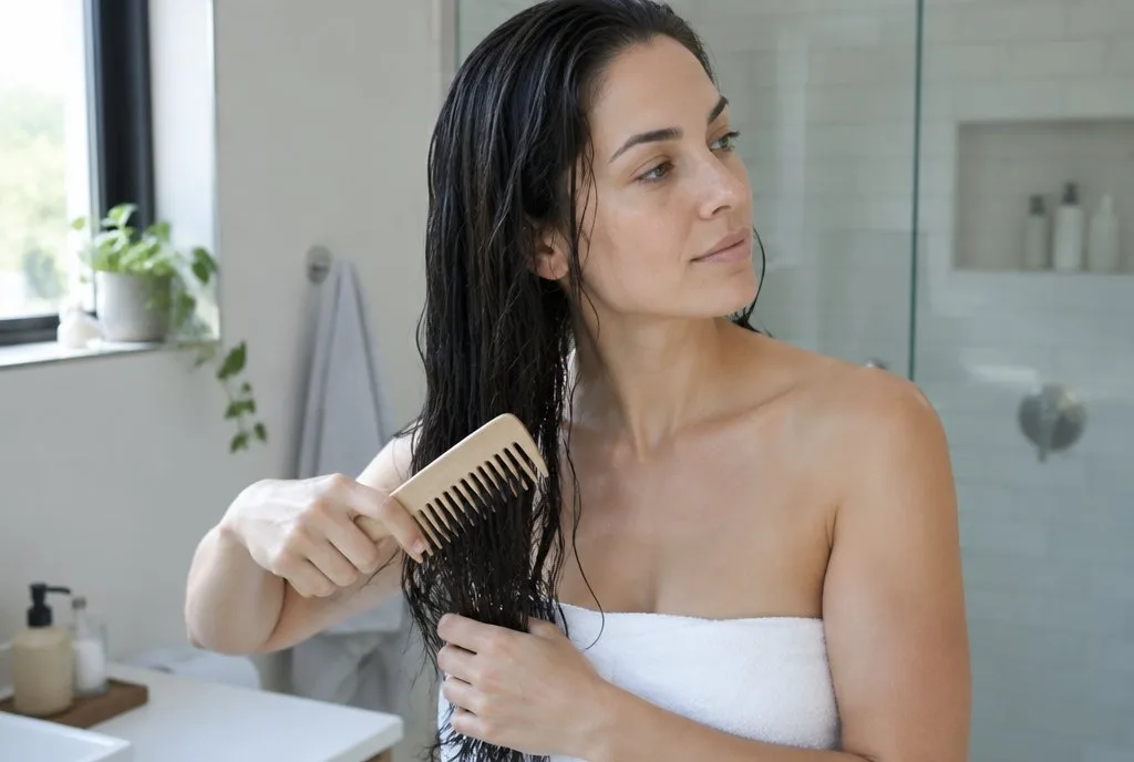 woman combing wet hair with a wide-tooth comb in a bathroom